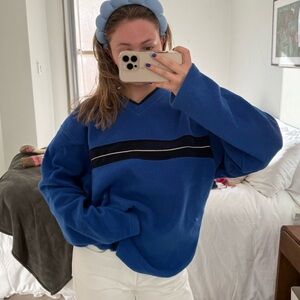 Vintage Royal Blue Sporty V Neck Fleece Sweatshirt
